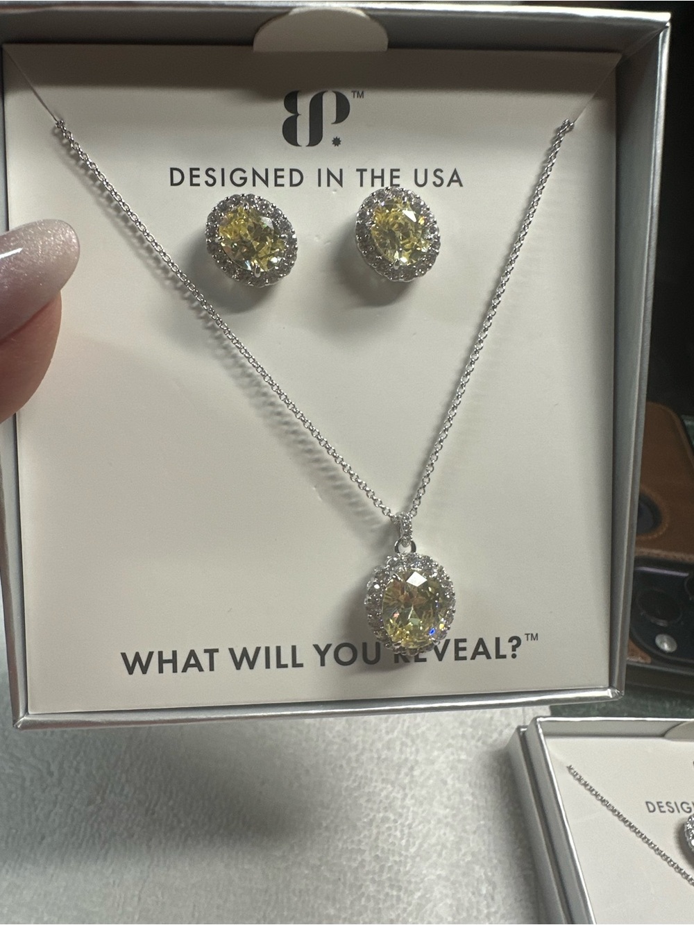 Yellow Crystal Pendant Necklace and Stud Earrings Set - Designed in the USA